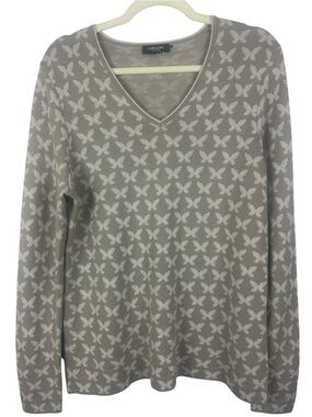 Olsen Europe Cotton Wool Blend Metallic Butterfly Print V-Neck Sweater Size M/L